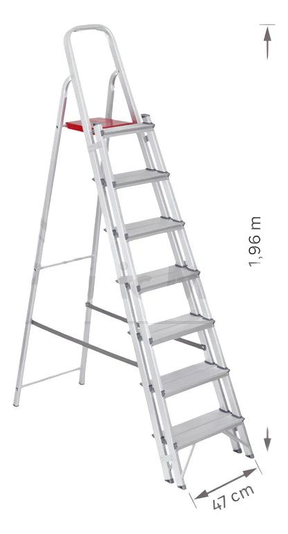 Escada Alumínio 7 Degraus Duplos Largo Dupla Multiuso Reisam Prateado