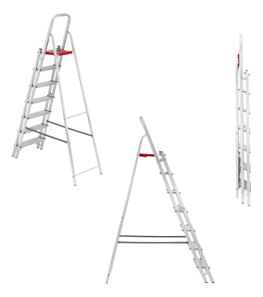 Escada Alumínio 7 Degraus Duplos Largo Dupla Multiuso Reisam Prateado